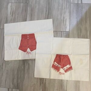 Vintage Mr. and Mrs. Hand Embroidered Pillowcases with Cute Underwear Appliqués
